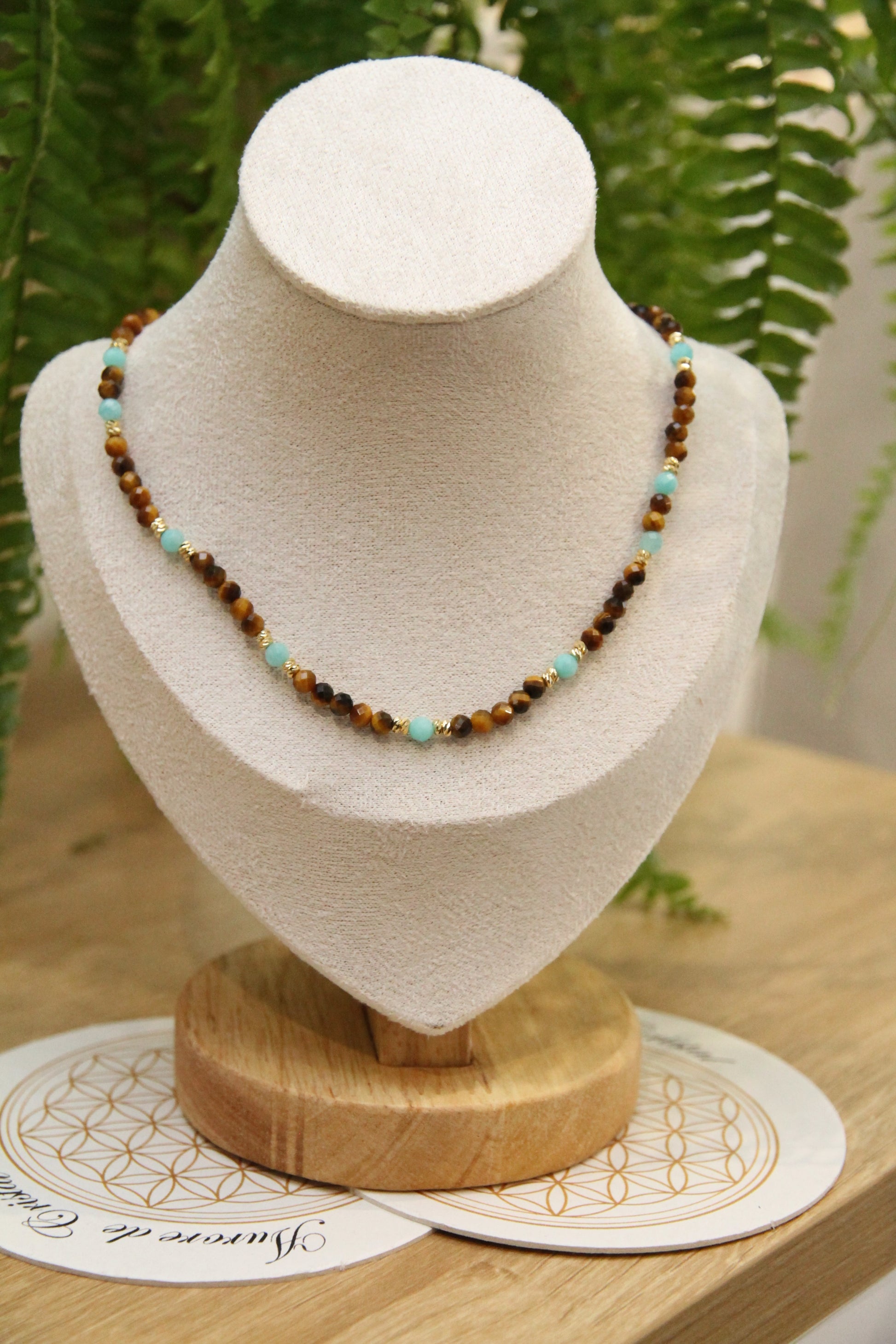 collier Oeildetigre amazonite acier inoxydable aurore de cristal
