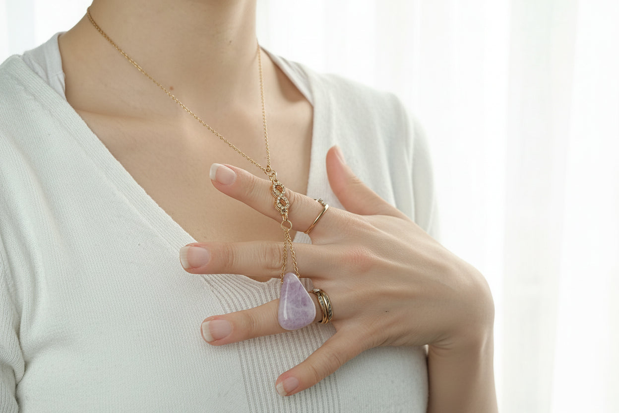 collier infini kunzite, collier pierre naturelle, bijou symbolique, collier acier inoxydable, collier lithothérapie, idée cadeau bijou pierre naturelle