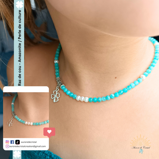 collier pierre naturelle amazonite perle de culture trèfles aurore de cristal
