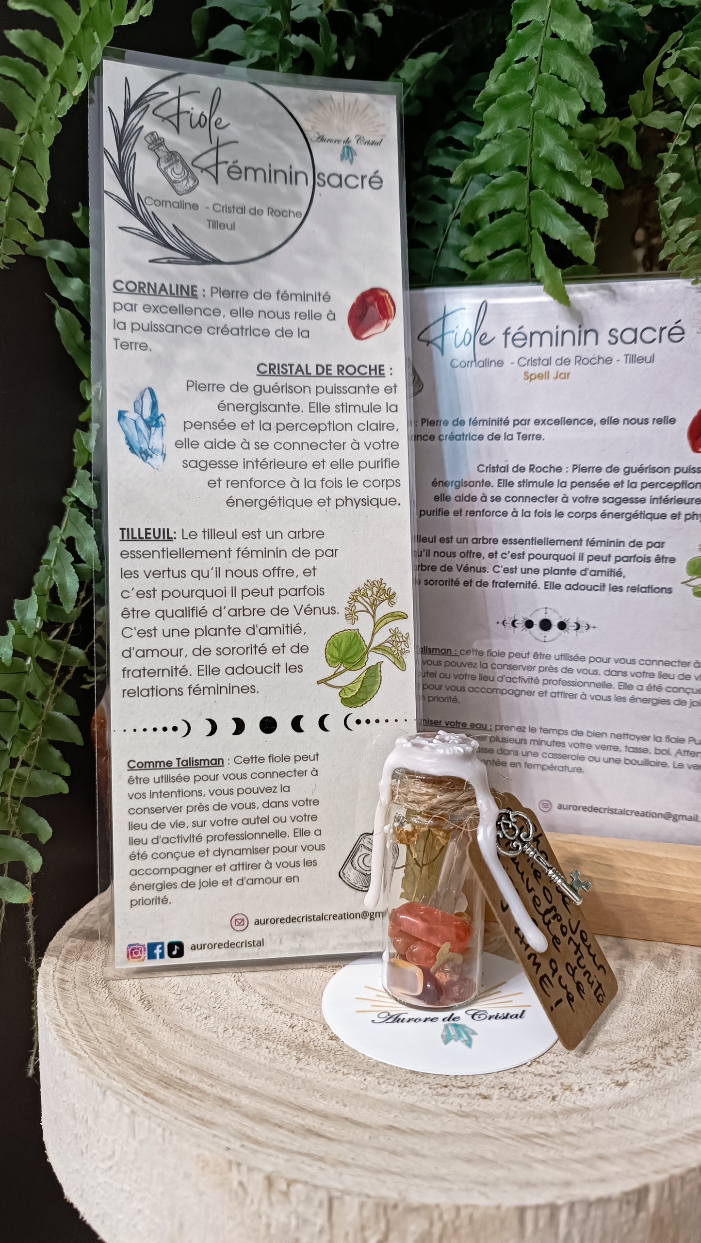 fiole-intention-feminine-sacree-aurore de cristal -cornaline - pierres naturelle - cristal de roche - magie spell jar tilleul 