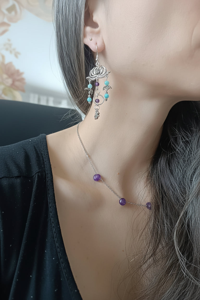 boucles d’oreilles lotus, boucles d’oreilles argentées, boucles d’oreilles acier inoxydable, boucles d’oreilles hypoallergéniques, boucles d’oreilles pierres naturelles, améthyste, amazonite, bijou femme auroredecristal