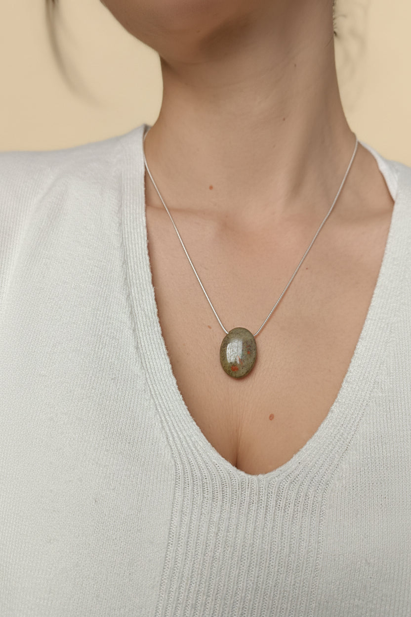pendentif Unakite, collier Unakite, bijou pierre naturelle, collier acier inoxydable argenté, pendentif lithothérapie, idée cadeau pendentif pierre naturelle aurore de cristal