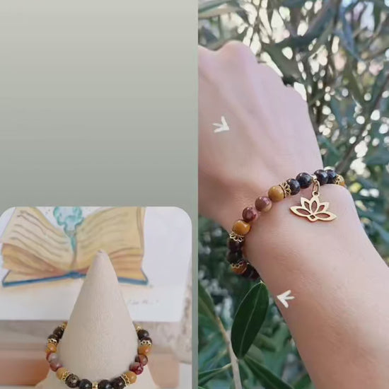 Bracelet heures miroir 06h06 jaspe mokaite bronzite  aurore de cristal  lotus artisanal or
