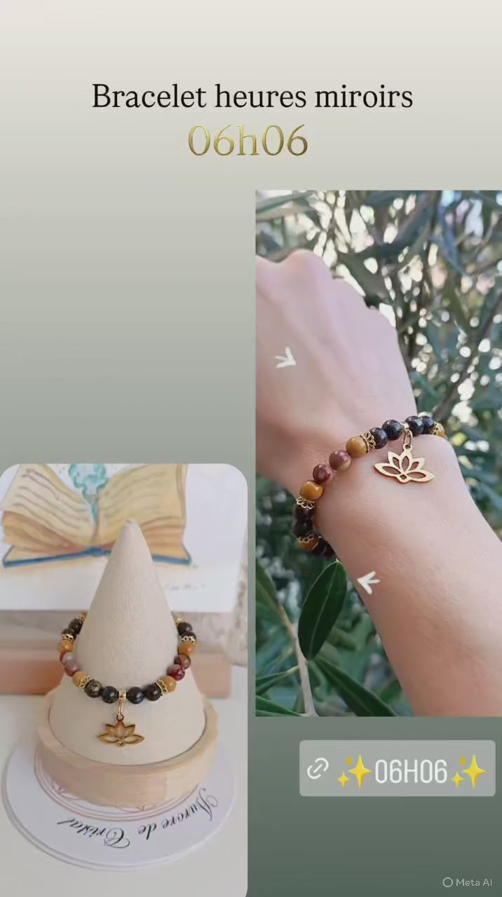 Bracelet heures miroir 06h06 jaspe mokaite bronzite  aurore de cristal  lotus artisanal or