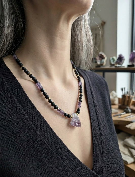 Collier Améthyste & Agate – Mantra Apaisement & Équilibre