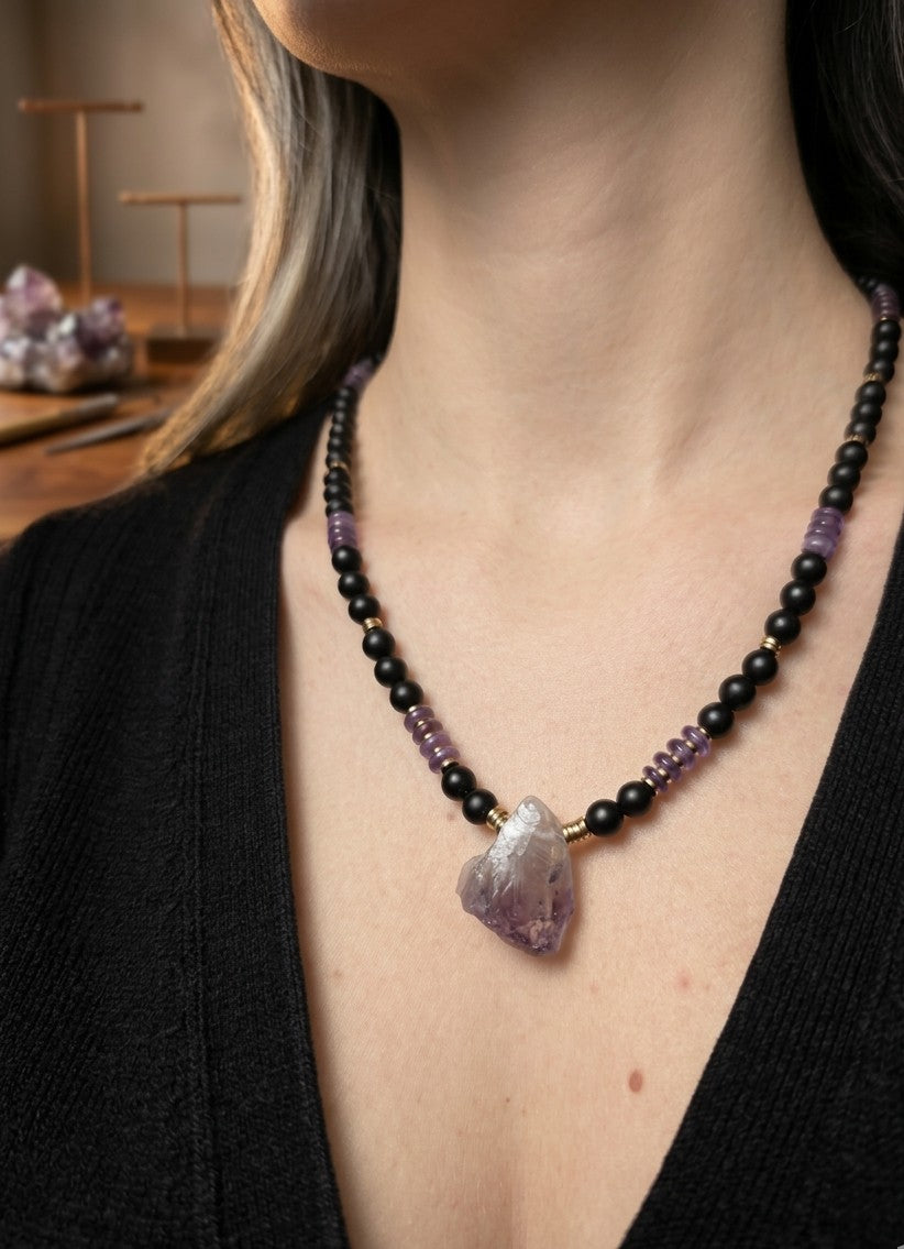 Collier Améthyste & Agate – Mantra Apaisement & Équilibre