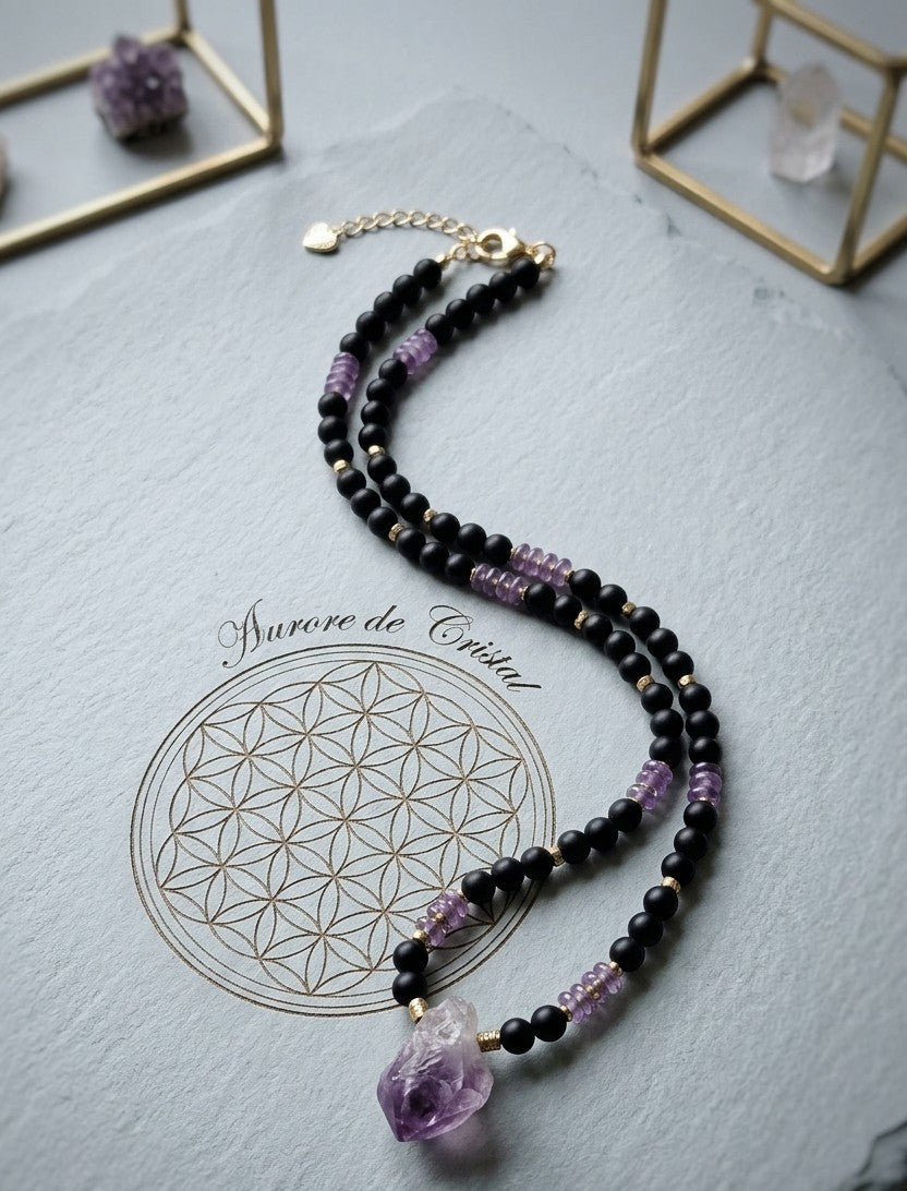 Collier Améthyste & Agate – Mantra Apaisement & Équilibre