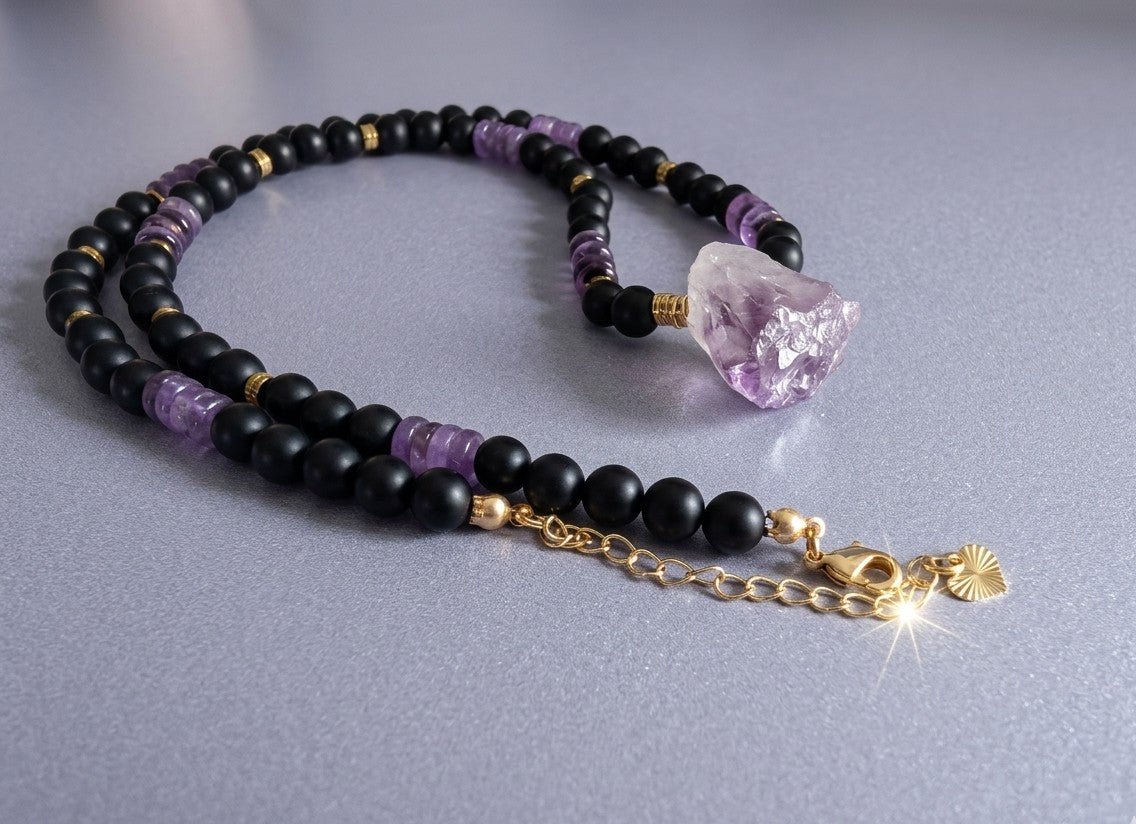 Collier Améthyste & Agate – Mantra Apaisement & Équilibre